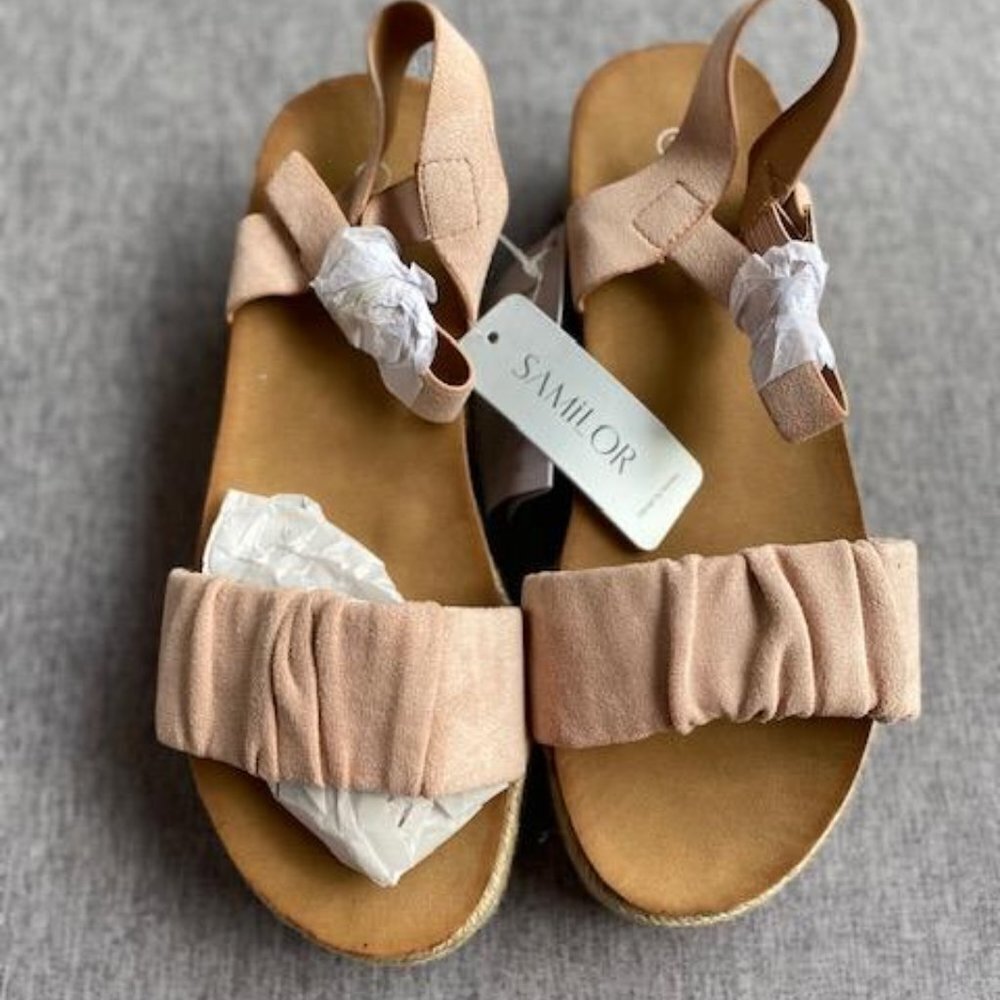 Samilor Platform Wedge Sandals Open Toe Ankle Strap Espadrilles, Pink Suede